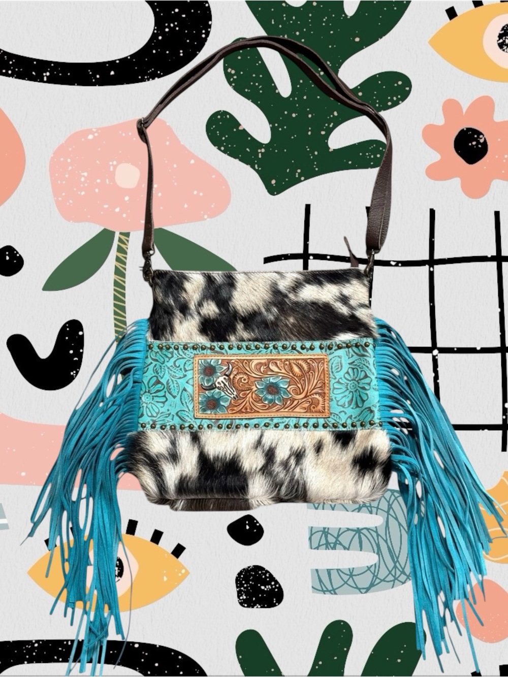 Olay | Large Cow Print Genuine Calf Hair Fur Leather Teal Fringe Crossbody Bag